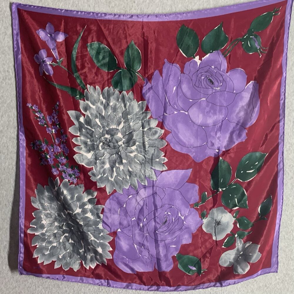 Vera Neumann Scarf 27x27 Purple Burgundy Gray Floral Vintage Korea